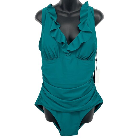 DKNY Women Ruffle Teal Swimsuit Size 16 One Piece Compression UPF SPF 50 New - Picture 1 of 7